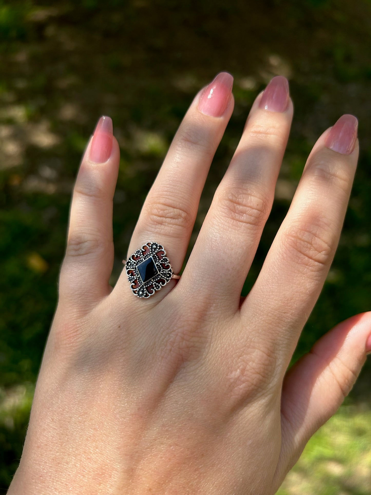 ring, western vibe, western apparel, boho apparel, beautiful ring, statement ring, Black Gem Ring, used jewelry for sale