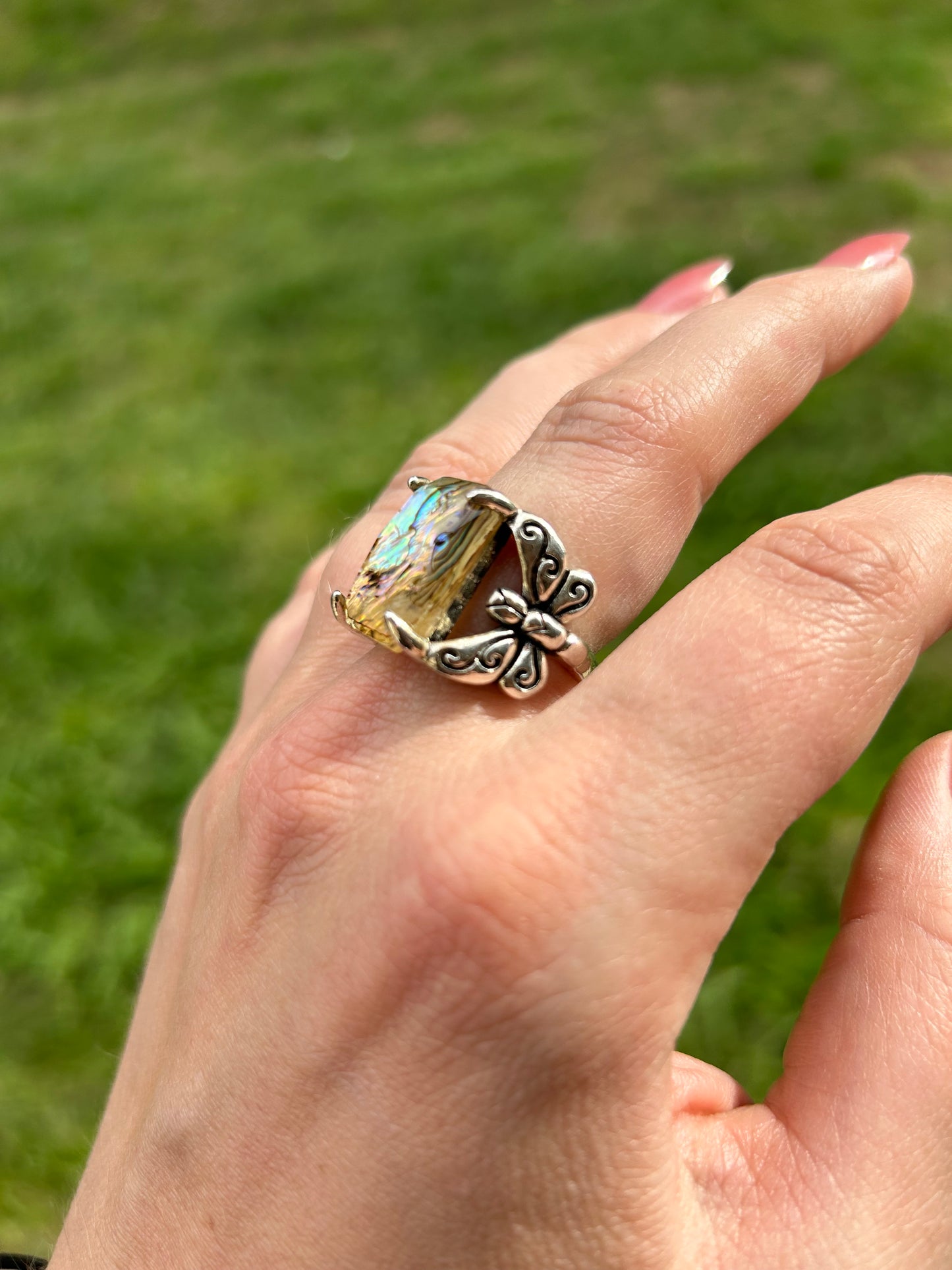 boho, boho jewelry, western apparel, western, ring, iridescent stone, dragonfly ring