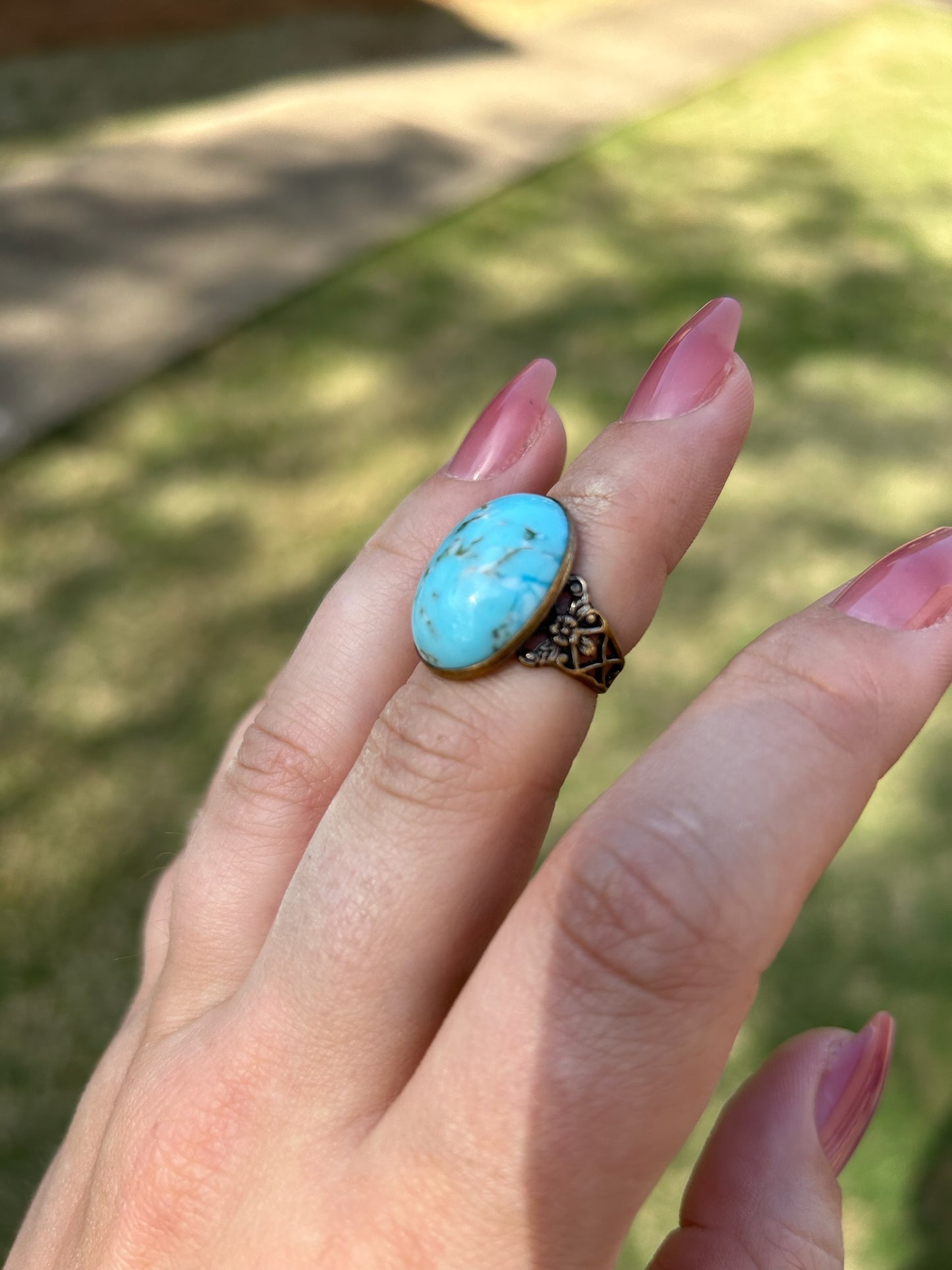 boho, boho jewelry, western apparel, western, ring, statement ring, turquoise colored centerpieces, size 7.5