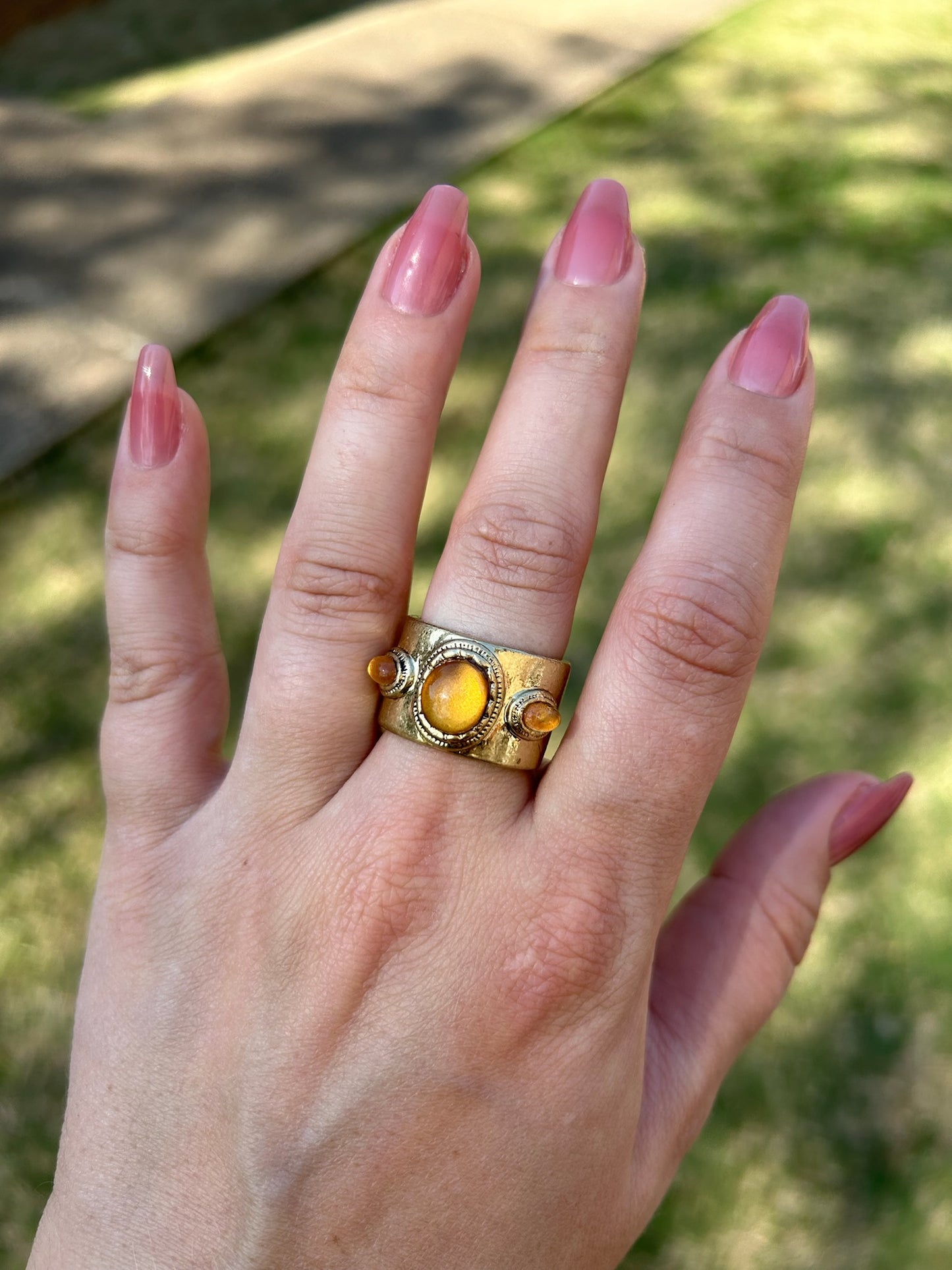 boho, boho jewelry, western apparel, western, ring, statement ring, golden colored ring, amber colored centerpieces, size 7.5