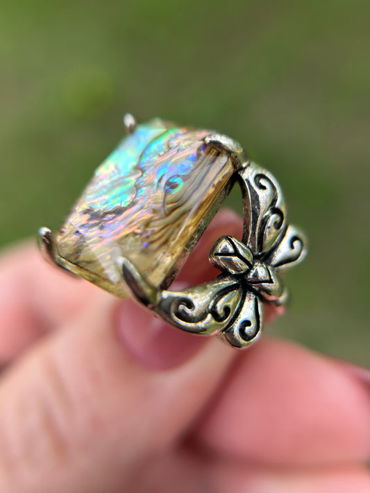 boho, boho jewelry, western apparel, western, ring, iridescent stone, dragonfly ring