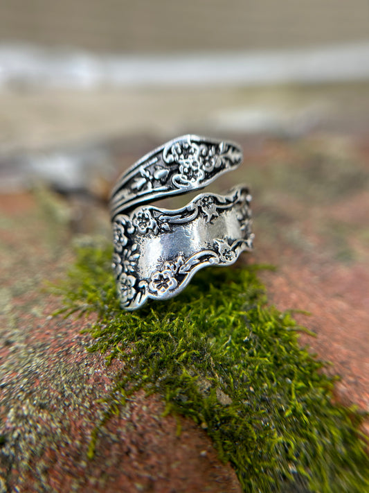 boho, boho jewelry, western apparel, western, ring, statement ring, silver plated spoon ring, rustic jewelry, size 8