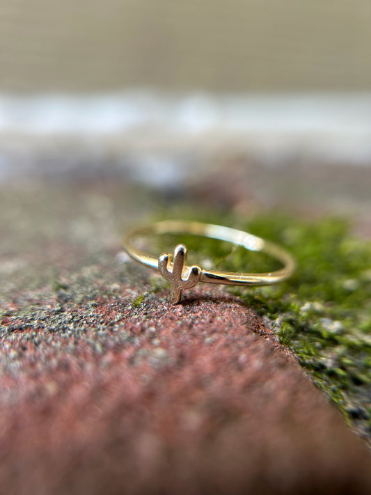 A close-up image of a delicate Canyon Jewelry sterling silver Cactus Ring with a cactus-shaped motif on top, resting on a mossy surface with a blurred background.