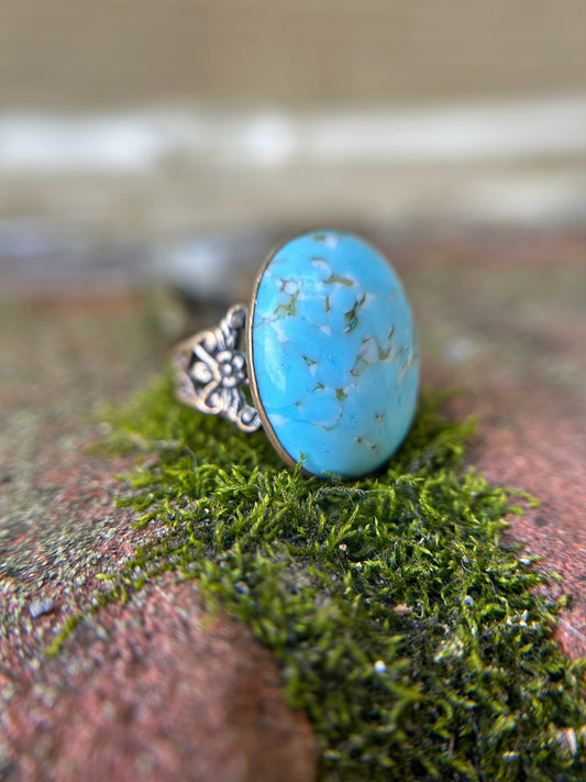 boho, boho jewelry, western apparel, western, ring, statement ring, turquoise colored centerpieces, size 7.5