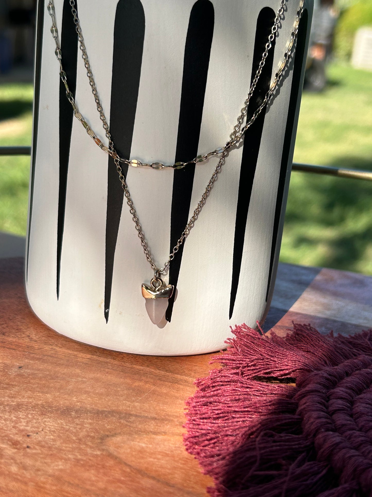 Close-up of a Great White Necklace featuring a white shark tooth encased in gold, suspended on a sterling silver chain, resting on a mossy surface by Canyon Jewelry.