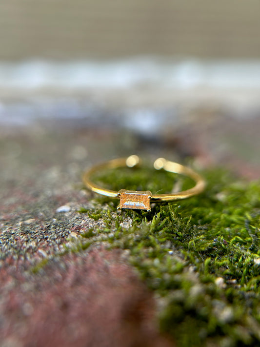 A close-up of a Canyon Jewelry Borgia Ring with a rectangular diamond, set on a mossy surface, with a blurred background emphasizing the ring’s detail as statement jewelry.