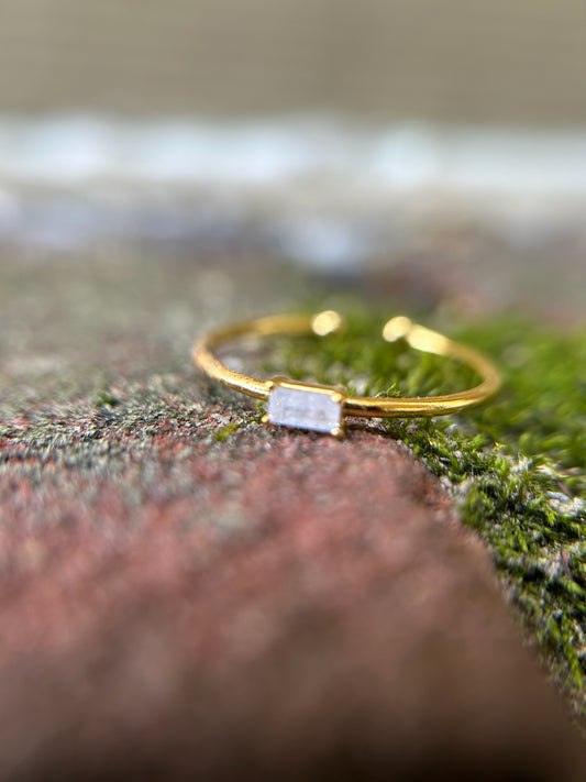 A close-up image of a delicate Lucrezia Ring from Canyon Jewelry with a square-cut diamond, resting on a mossy surface. The background is softly blurred, emphasizing the ring's details.