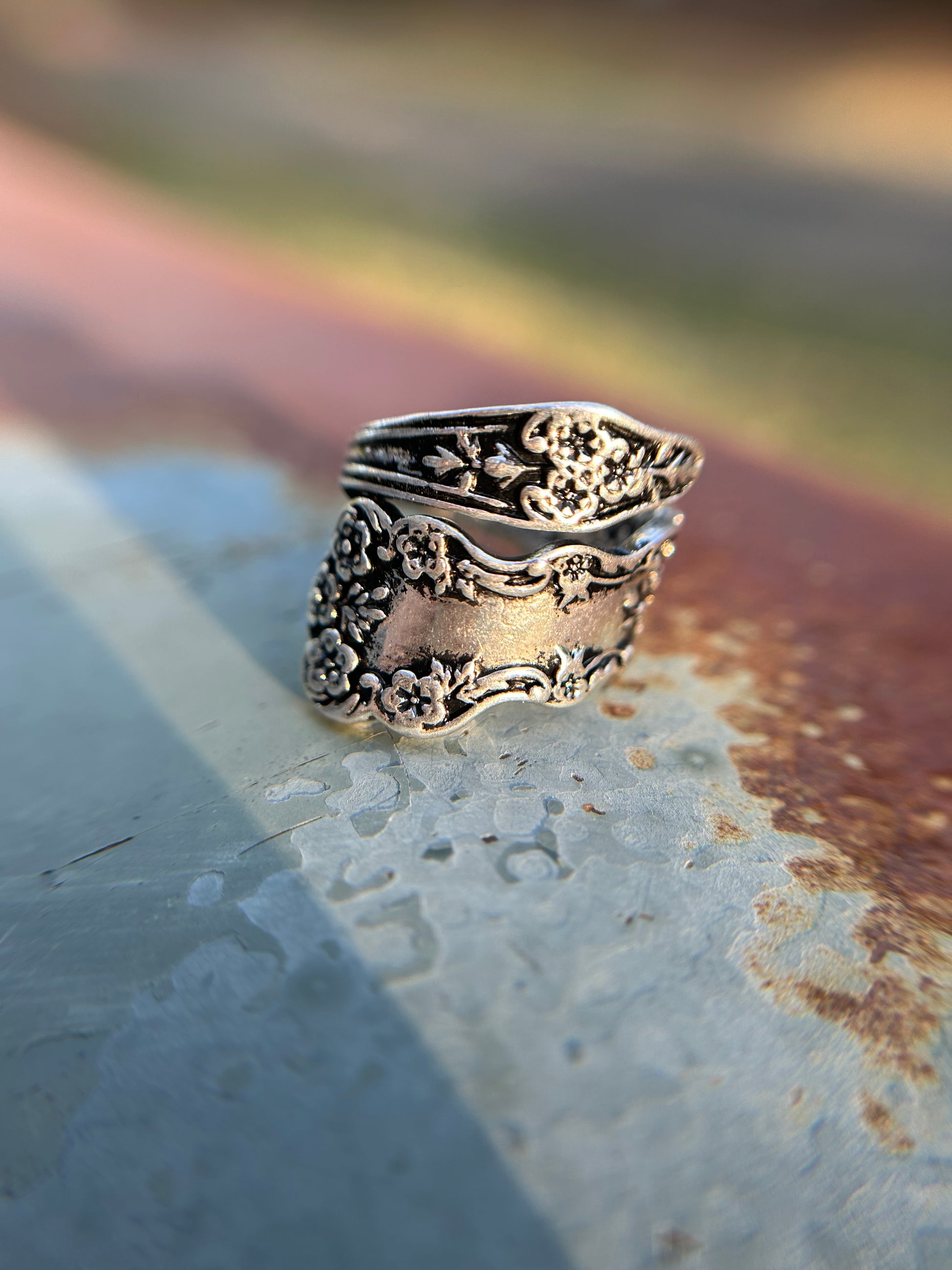 boho, boho jewelry, western apparel, western, ring, statement ring, silver plated spoon ring, rustic jewelry, size 8